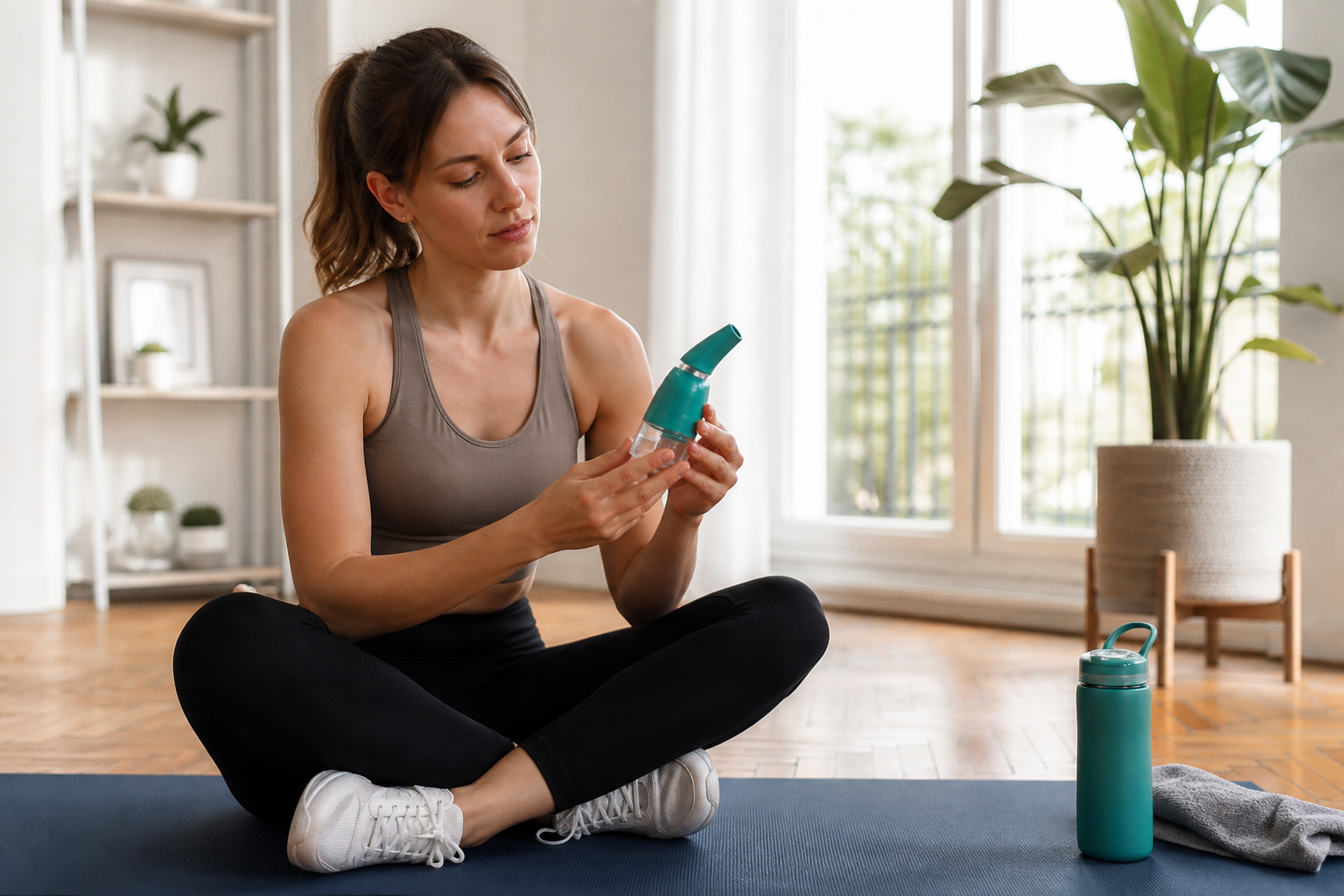 Person betrachtet den Atemtrainer auf einer Yogamatte