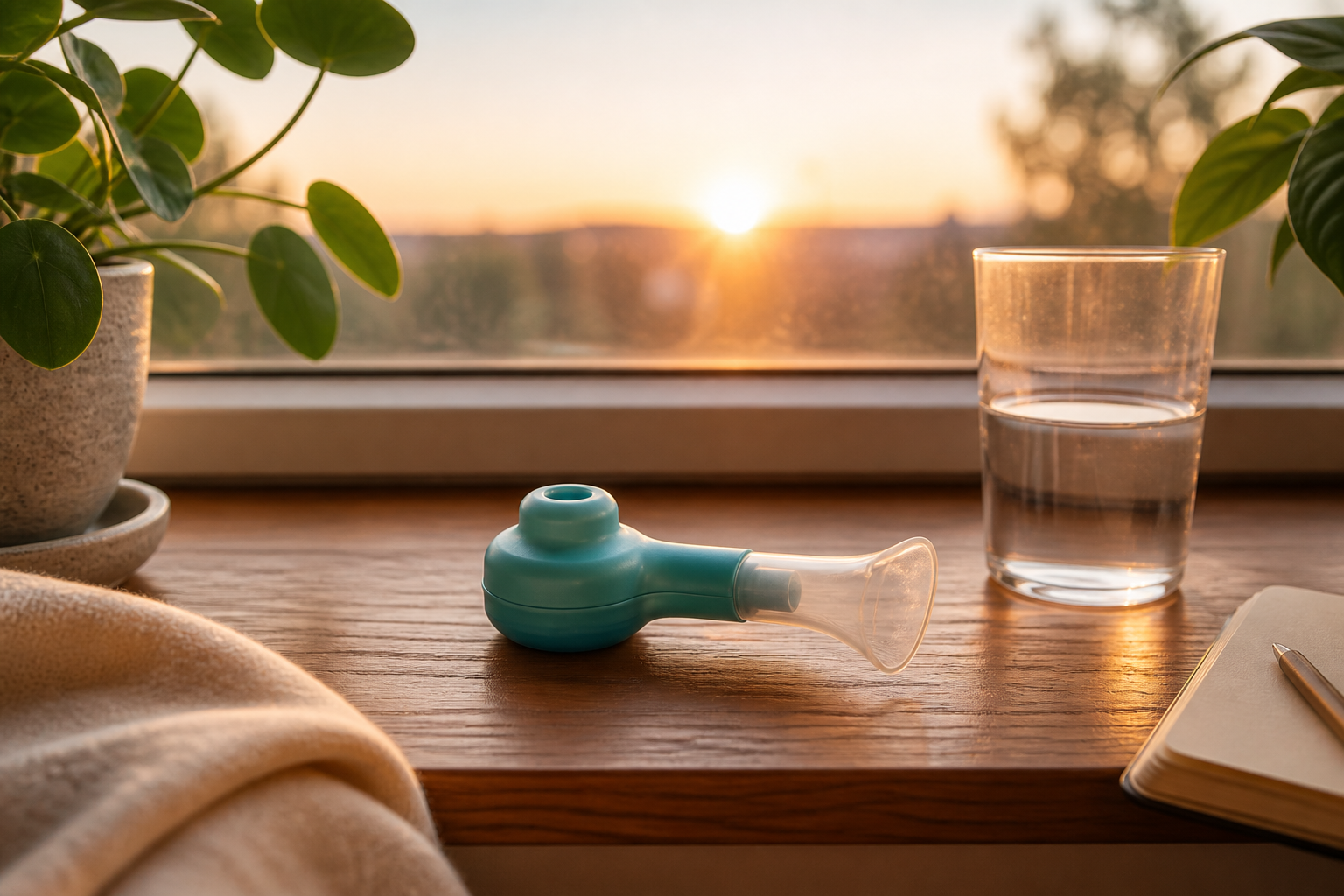 Atemtrainer auf einem Fensterbrett im Morgenlicht